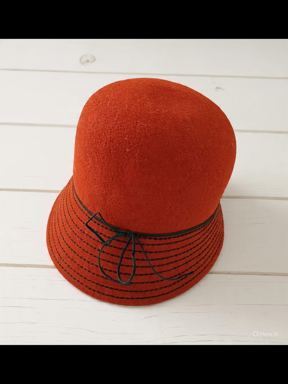 Rust Orange Women's Wool Cloche Hat with Black Trim
